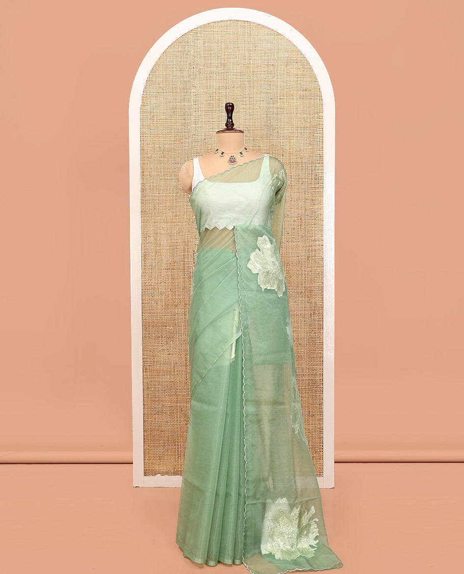 Green Organza Saree, Gracefully Embellished with Floral Gold-Foil Embroidery, a Scallop Border, and a Matching Blouse