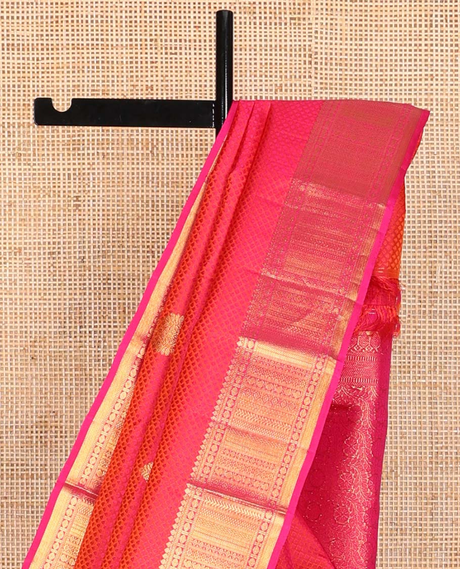 Red floral design silk saree with contrast border of thilakam mokku, muthu, manga, poo chakram design & floral design pallu