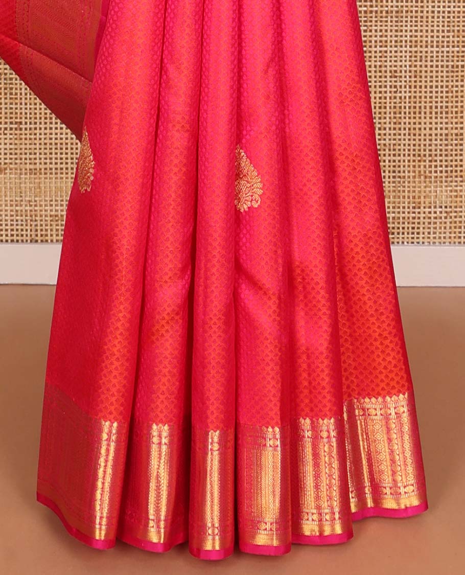 Red floral design silk saree with contrast border of thilakam mokku, muthu, manga, poo chakram design & floral design pallu