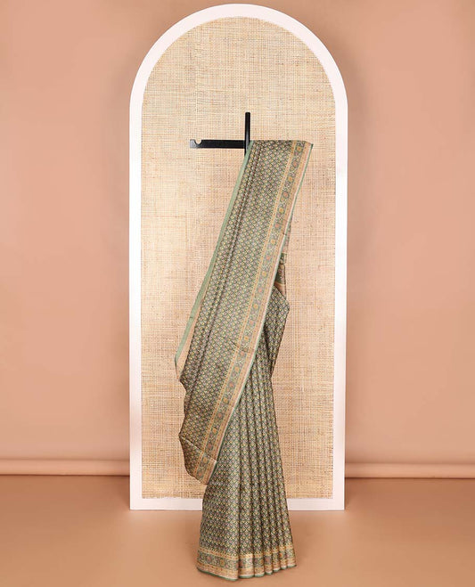 Green leaf design printed silk saree with contrast intricate design border & floral design pallu