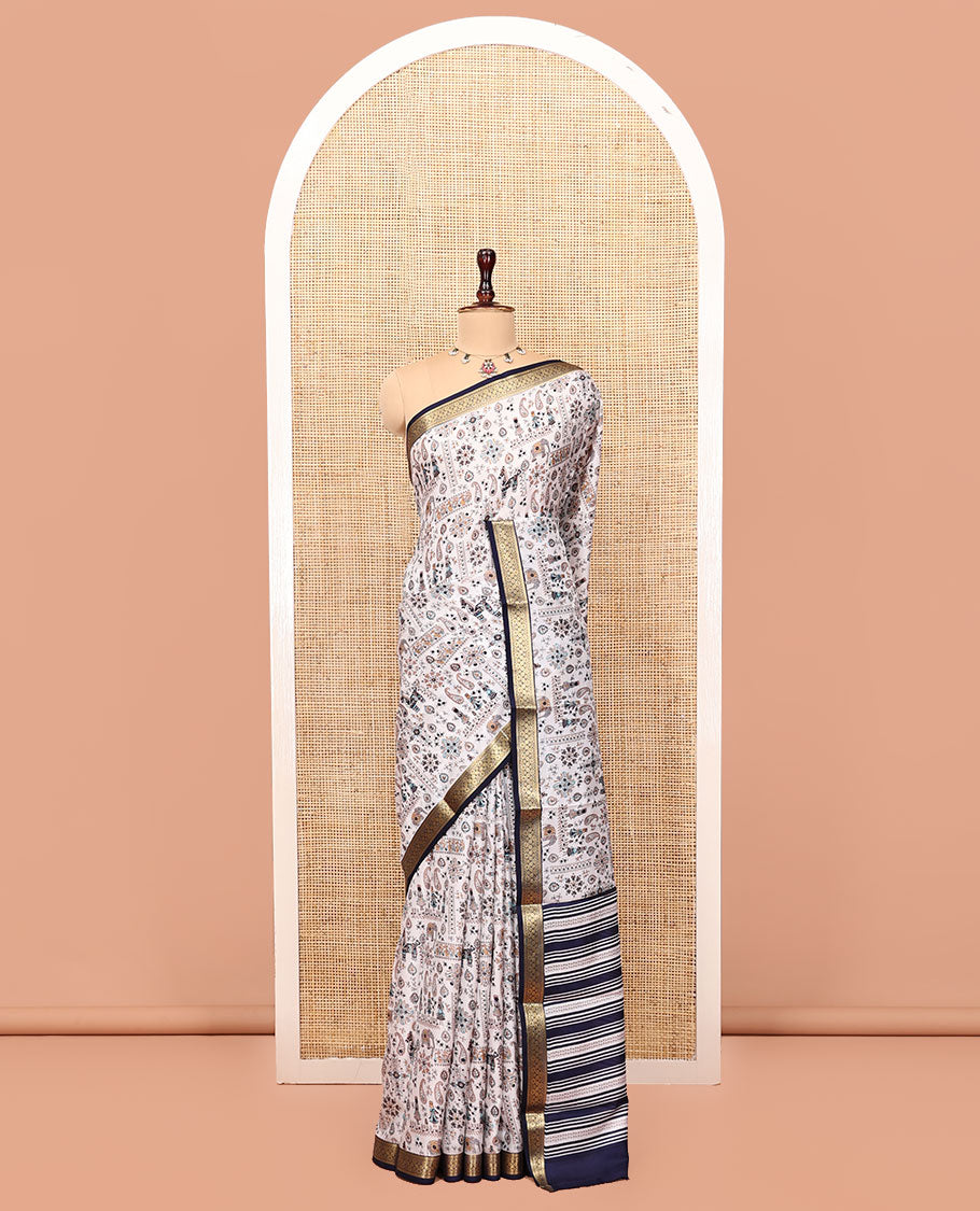 Cream Printed Silk Saree Artfully Designed with a Paisley, Fauna, and Human Print, Contrast Traditional Zari Border, Striped Pallu, and Contrast Blouse