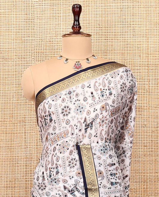 Cream Printed Silk Saree Artfully Designed with a Paisley, Fauna, and Human Print, Contrast Traditional Zari Border, Striped Pallu, and Contrast Blouse
