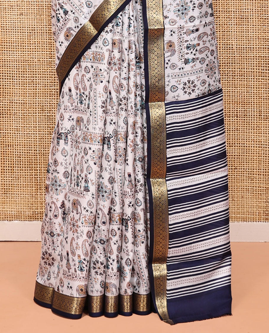 Cream Printed Silk Saree Artfully Designed with a Paisley, Fauna, and Human Print, Contrast Traditional Zari Border, Striped Pallu, and Contrast Blouse