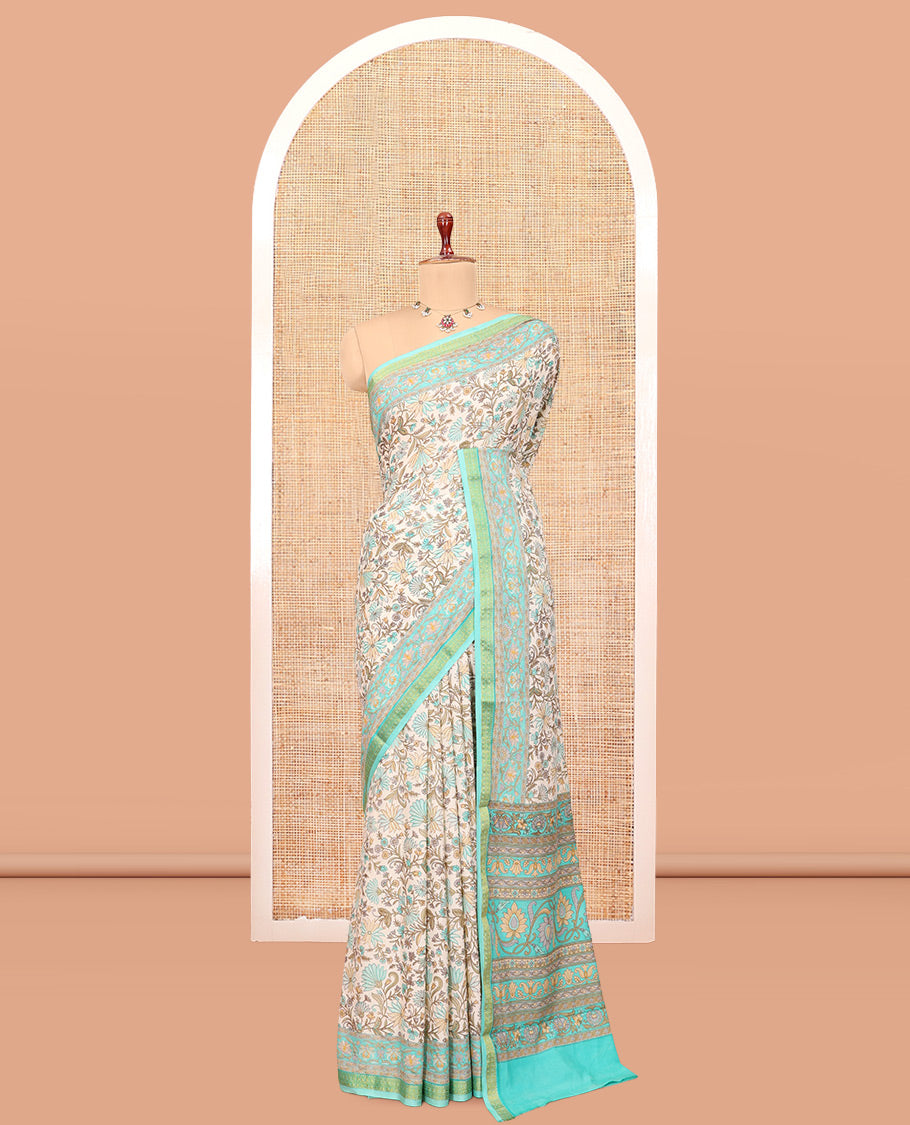 Off-White Base Printed Silk Saree, Finely Crafted with Floral Vine Print, a Contrast Floral Printed Zari Border, Floral Printed Pallu, and a Contrast Blouse