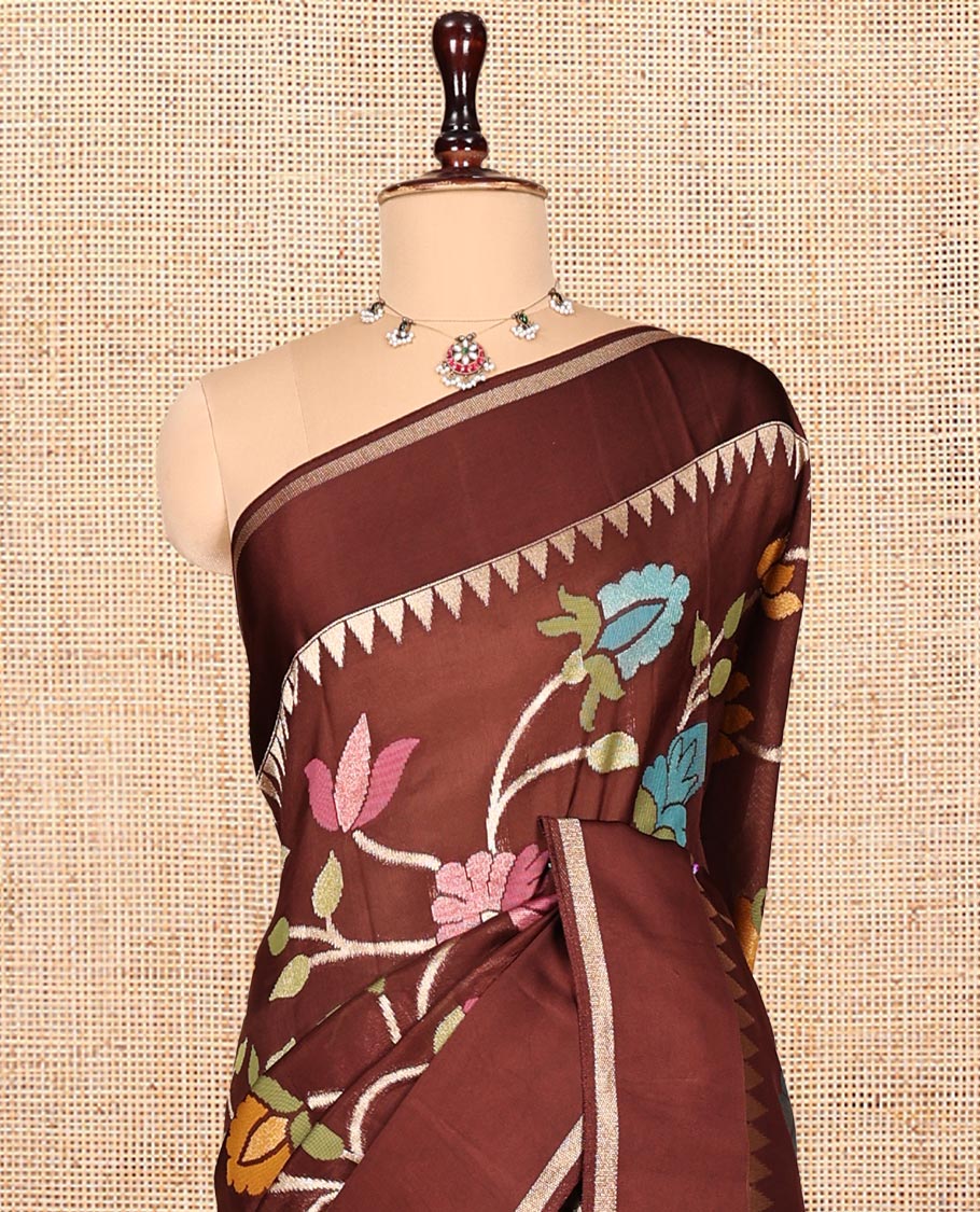 Brown Matka Silk Saree, Crafted with Meenakari Floral Vine All Over Its Body, Highlighted by Temple Rettai Pettu Border, Pallu of Stripes, and Paired with a Matching Blouse
