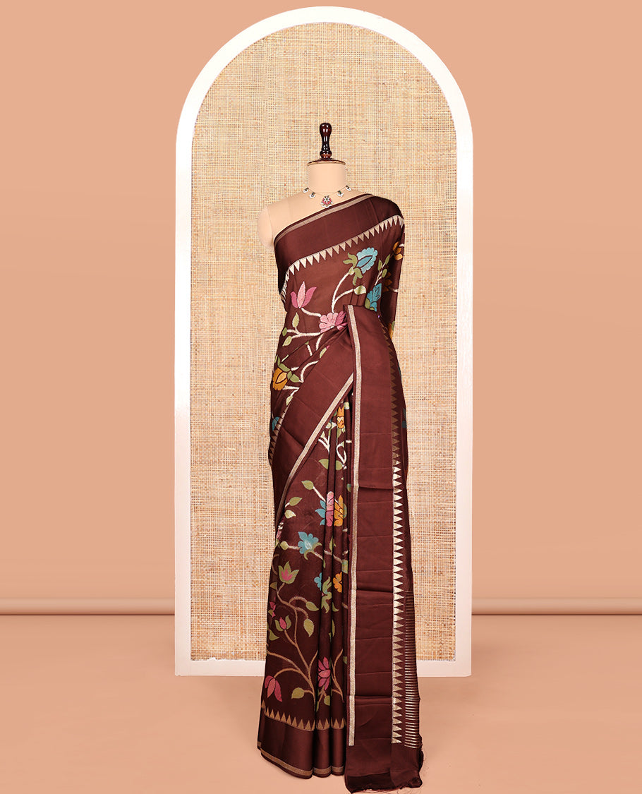 Brown Matka Silk Saree, Crafted with Meenakari Floral Vine All Over Its Body, Highlighted by Temple Rettai Pettu Border, Pallu of Stripes, and Paired with a Matching Blouse