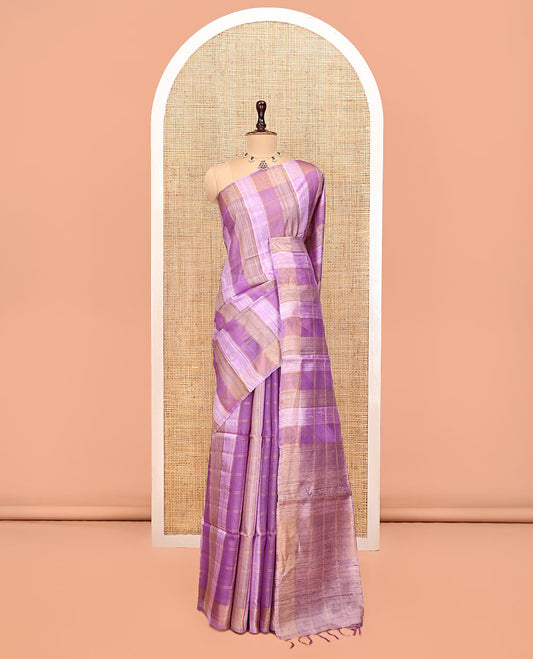 Purple Tussar Silk Saree, Highlighted by Stripes and Checks, a Self-Border, a Heathered Pallu, and a Matching Blouse