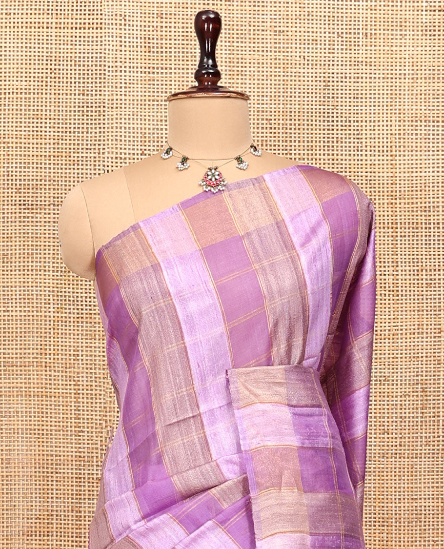Purple Tussar Silk Saree, Highlighted by Stripes and Checks, a Self-Border, a Heathered Pallu, and a Matching Blouse
