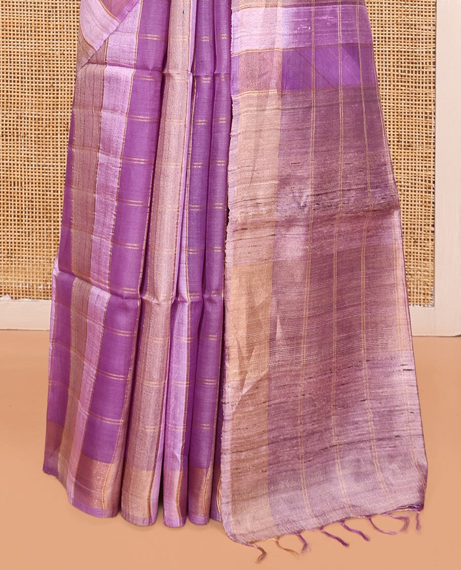 Purple Tussar Silk Saree, Highlighted by Stripes and Checks, a Self-Border, a Heathered Pallu, and a Matching Blouse