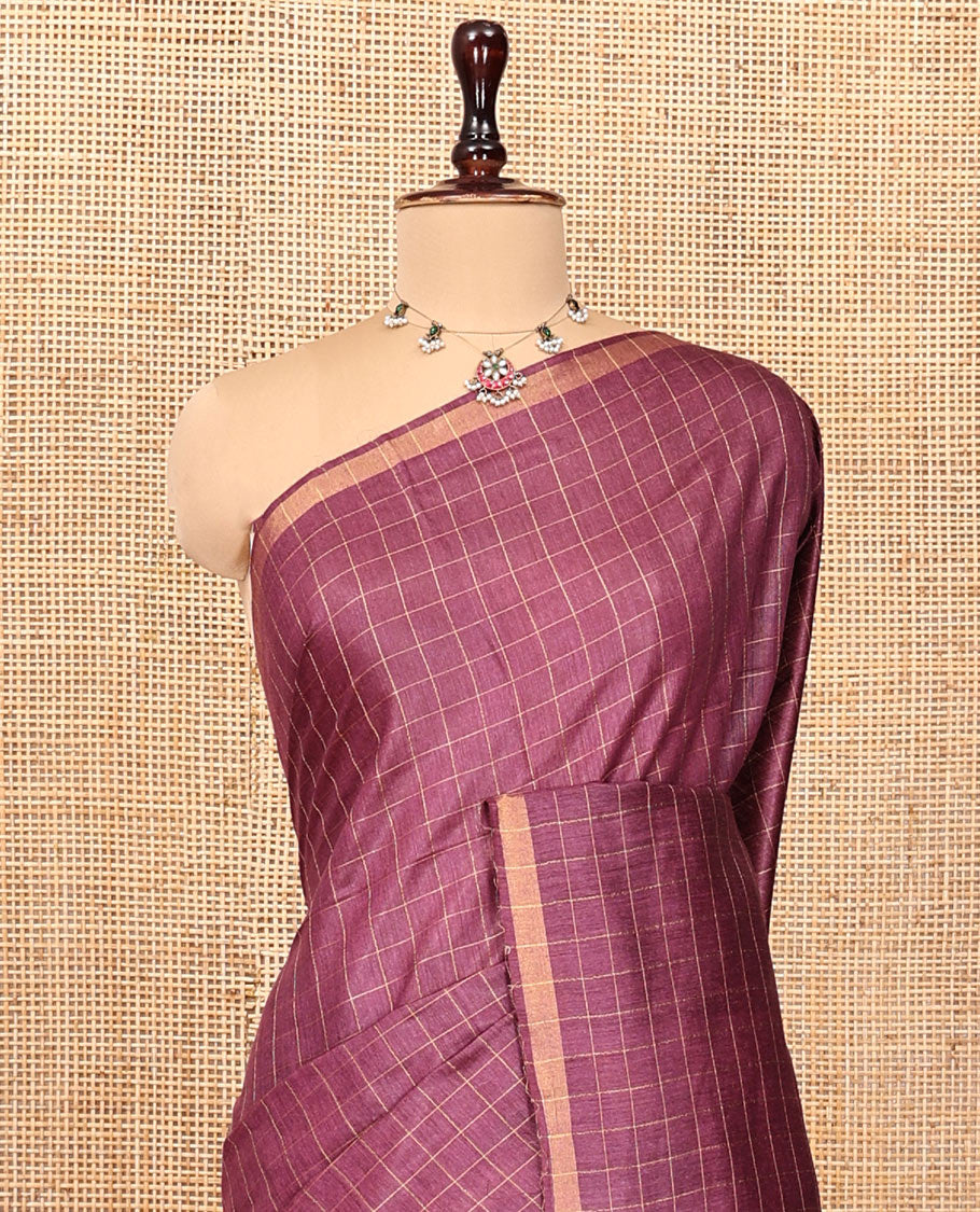 Brown Tussar Silk Saree, Woven with Checks, a Zari Piping Border, Contrast Zari Striped Pallu, and Contrast Blouse
