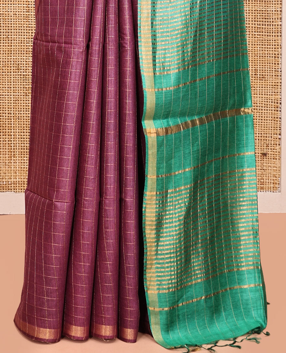 Brown Tussar Silk Saree, Woven with Checks, a Zari Piping Border, Contrast Zari Striped Pallu, and Contrast Blouse