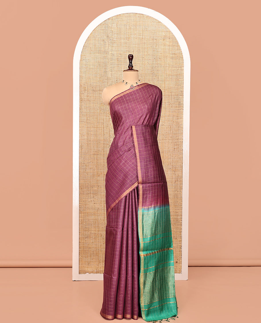 Brown Tussar Silk Saree, Woven with Checks, a Zari Piping Border, Contrast Zari Striped Pallu, and Contrast Blouse