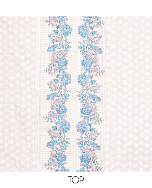 White chudidhar material set,floral print & embroidery cotton top,contrast plain bottom & floral printed chiffon dupatta