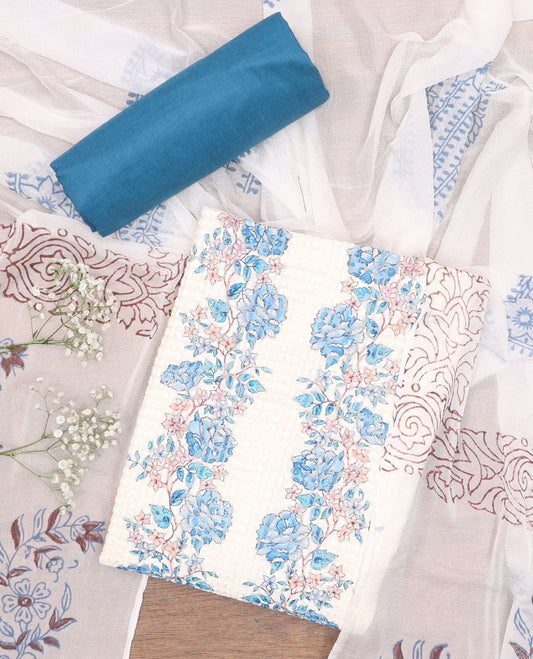 White chudidhar material set,floral print & embroidery cotton top,contrast plain bottom & floral printed chiffon dupatta