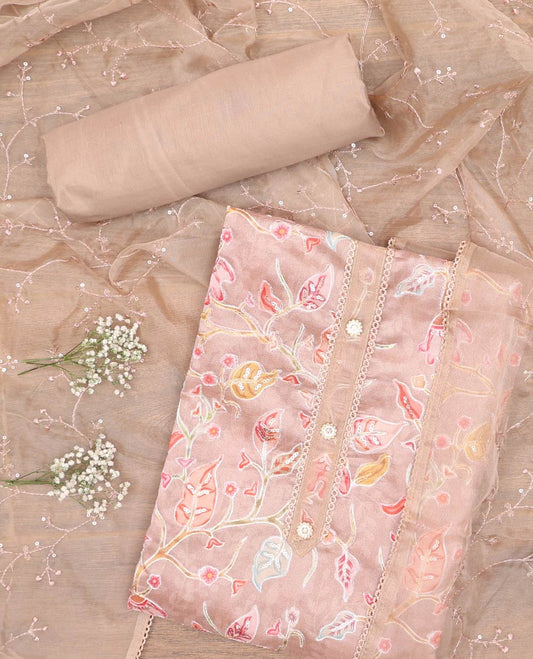 Sandal chudidhar material set, floral vine printed organza top, plain bottom & floral vine embroidered organza dupatta