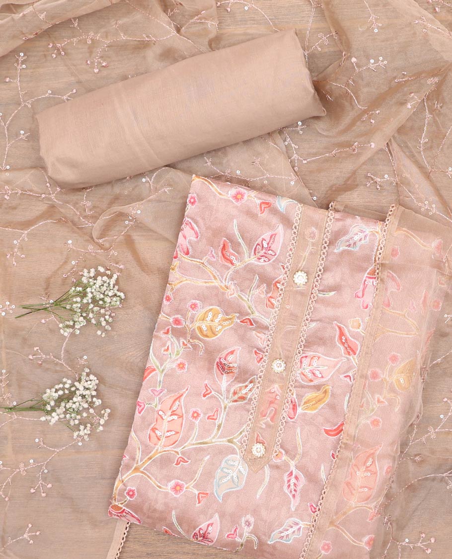 Sandal chudidhar material set, floral vine printed organza top, plain bottom & floral vine embroidered organza dupatta
