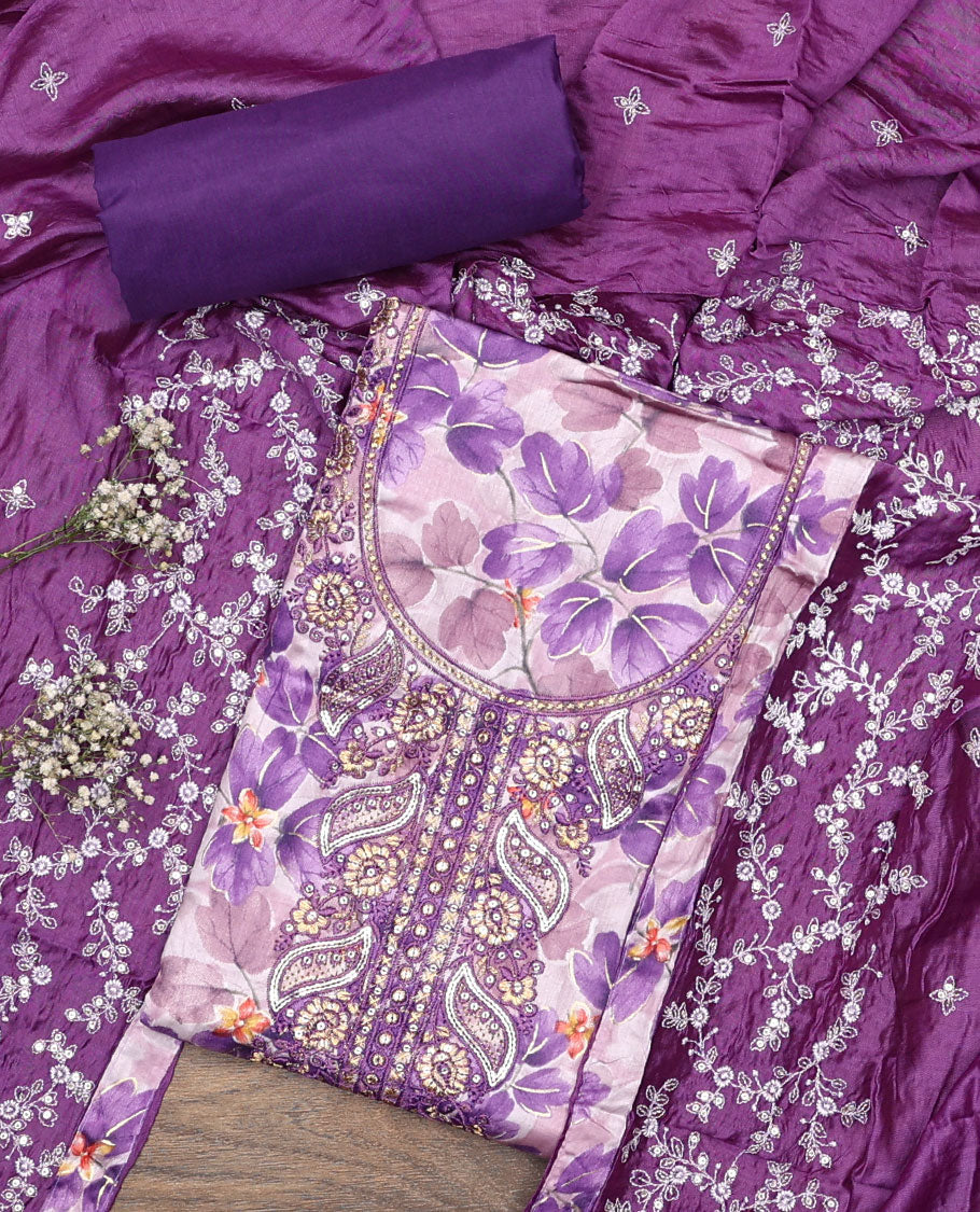 Violet material chudidar set, floral print and neck embroidered top, plain bottom, and floral jaal embroidered dupatta