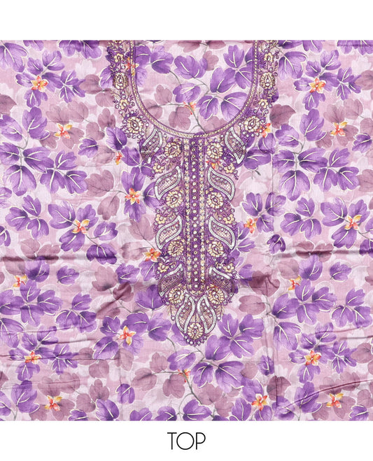 Violet material chudidar set, floral print and neck embroidered top, plain bottom, and floral jaal embroidered dupatta