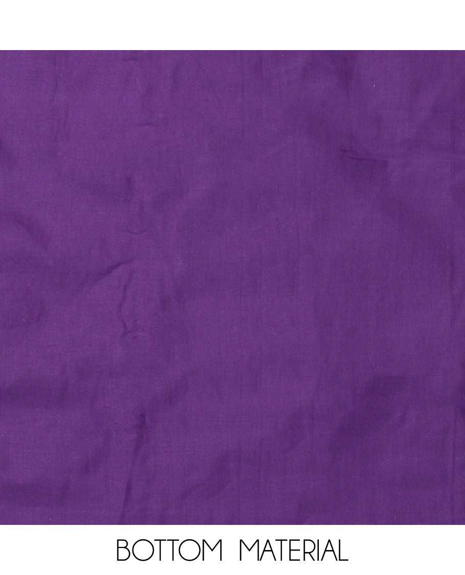 Violet material chudidar set, floral print and neck embroidered top, plain bottom, and floral jaal embroidered dupatta