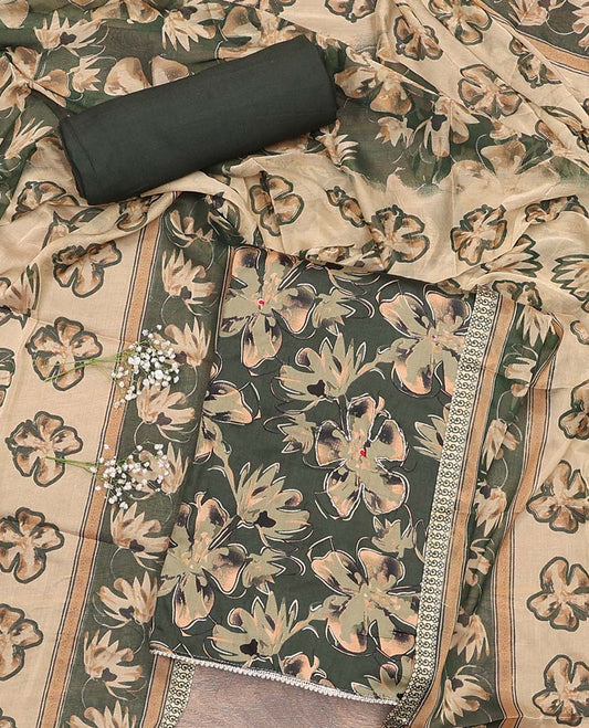 Green material chudidar set, floral printed top, plain bottom, and dupatta floral print