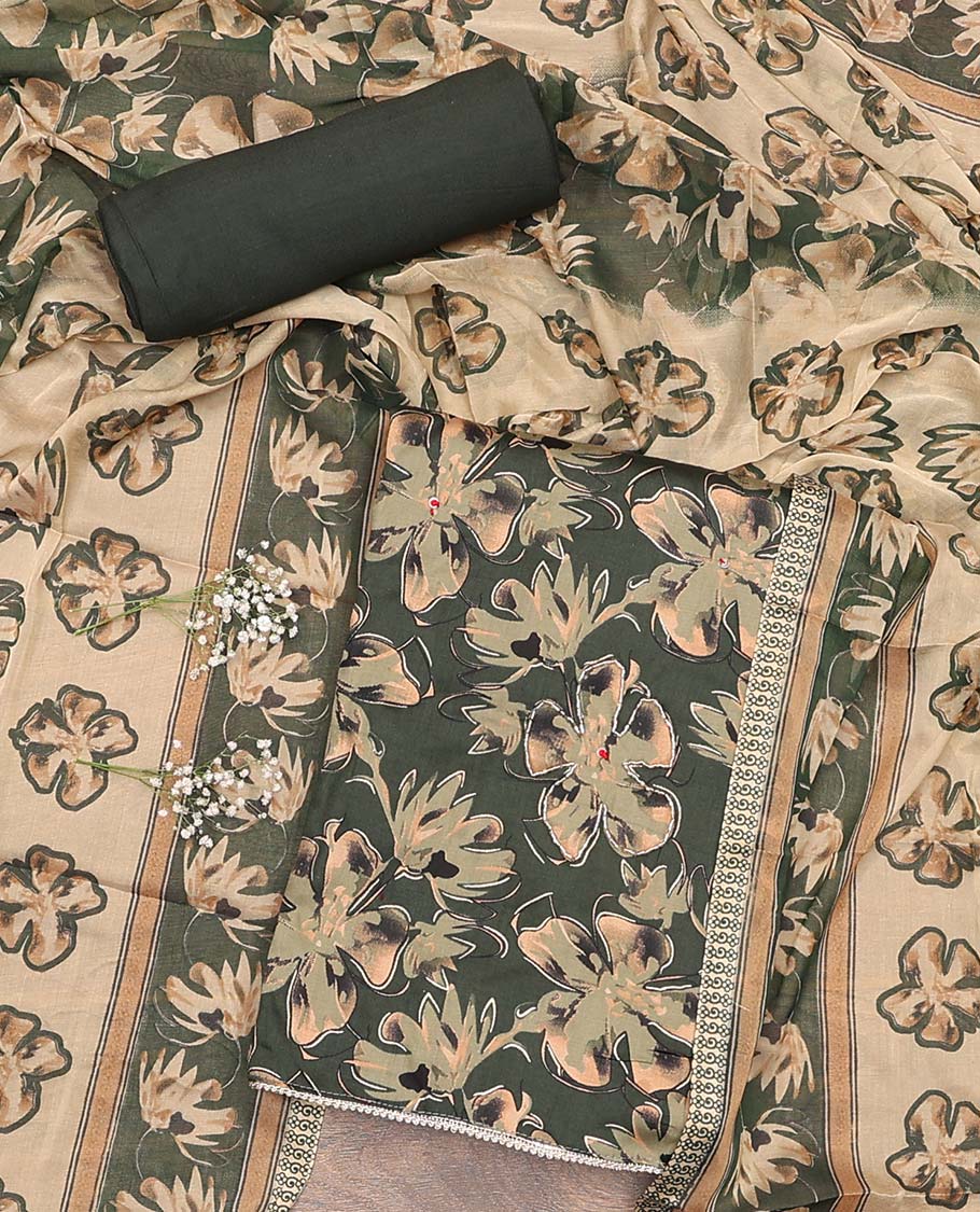 Green material chudidar set, floral printed top, plain bottom, and dupatta floral print