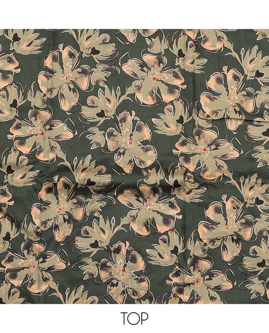 Green material chudidar set, floral printed top, plain bottom, and dupatta floral print