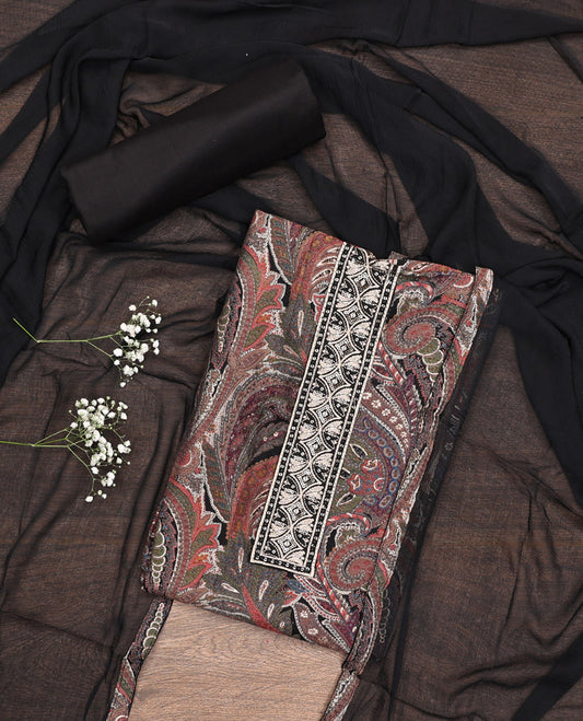 Black Material Chudidar Set, Mesmerized with Intricate Paisleys Print on Rayon Top, a Plain Cotton Bottom, and Paired with a Matching Plain Chiffon Dupatta