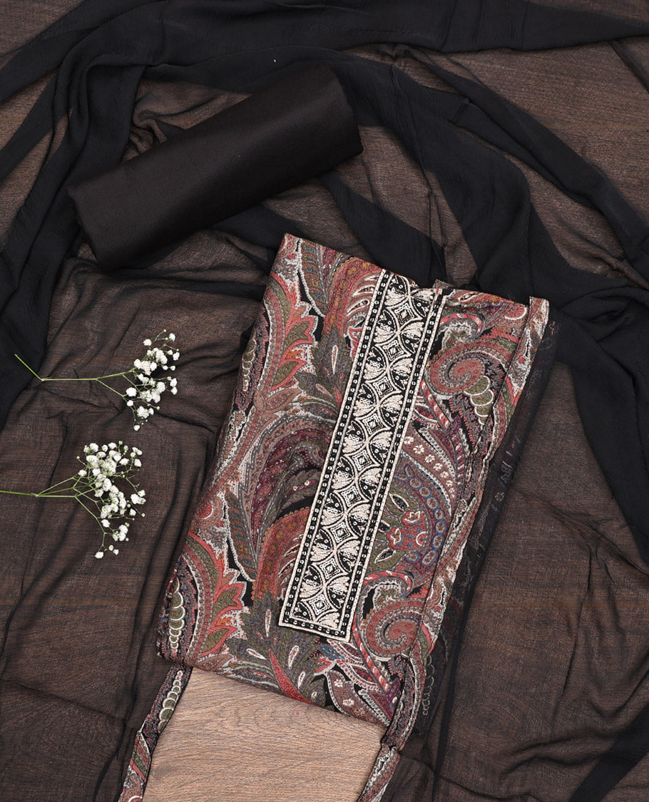 Black Material Chudidar Set, Mesmerized with Intricate Paisleys Print on Rayon Top, a Plain Cotton Bottom, and Paired with a Matching Plain Chiffon Dupatta