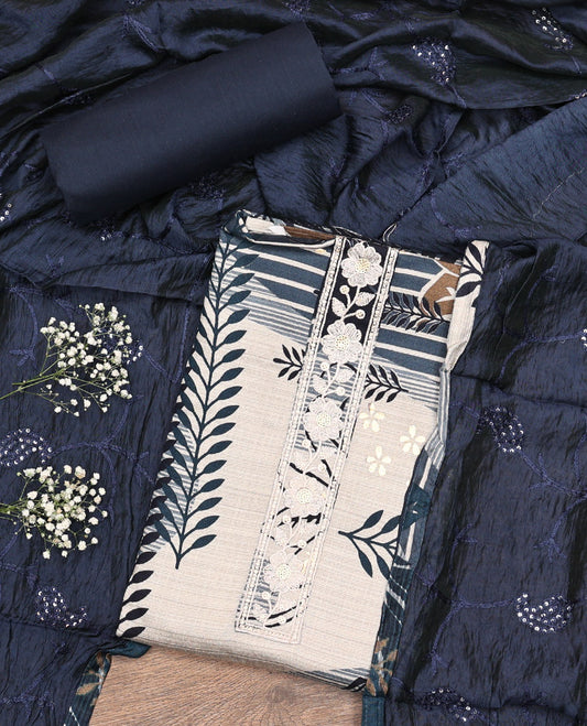 Multi-Color-Blue Material Chudidar Set, Adorned with Tropical Floral Print and Floral Neck Work on Its Top, a Contrast Plain Rayon Bottom, and Paired with a Paisley Vine Design Sequins Embroidered Chanderi Silk Dupatta