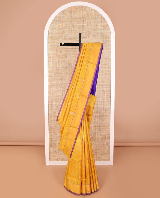 Yellow checked, motifs uppada saree with contrast zari border & floral, animal design pallu