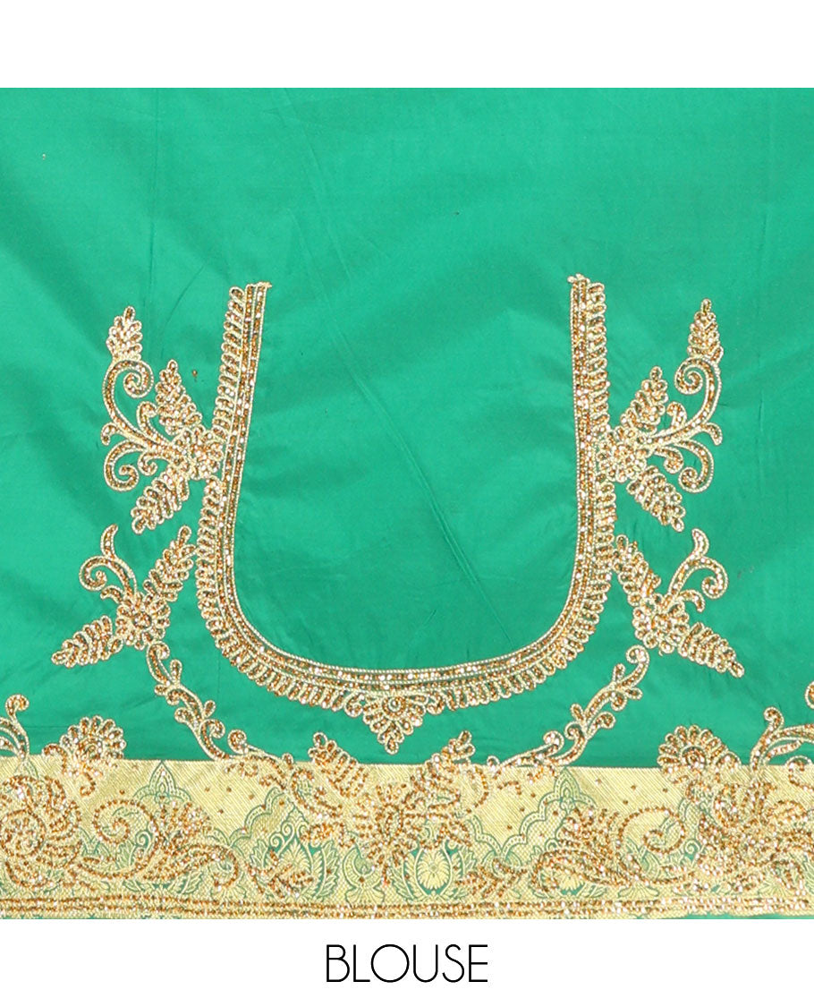 Green jacquard stone embroidered silk saree, stone embroidered scallop zari design cut work border & zari woven & stone embroidered pallu