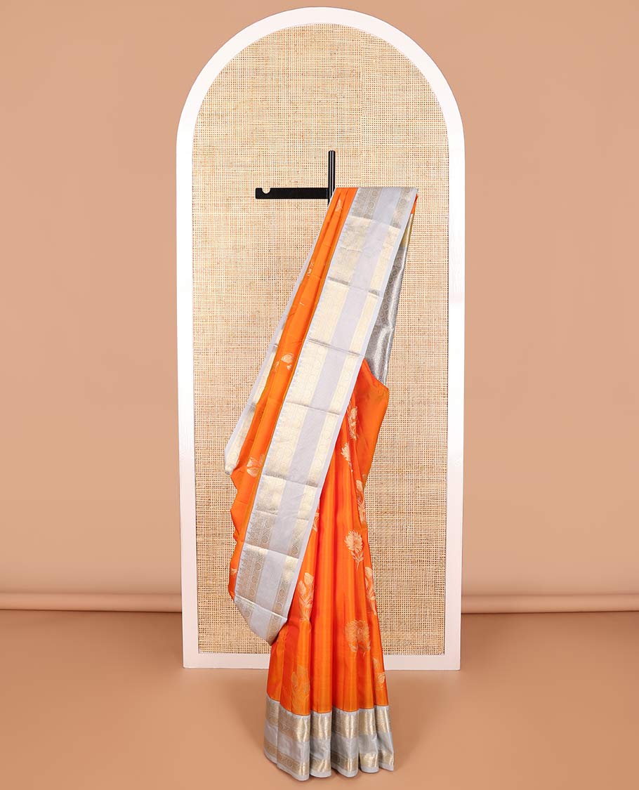 Orange flower motifs vasundhara elite silk saree with contrast inricate zari design border & floral design pallu