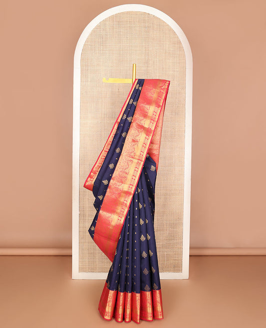 Navy blue zari buttas Vasundhara silk mix saree, contrast traditional zari border & jaal pallu