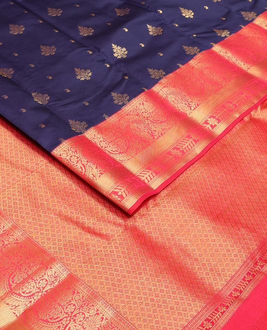 Navy blue zari buttas Vasundhara silk mix saree, contrast traditional zari border & jaal pallu