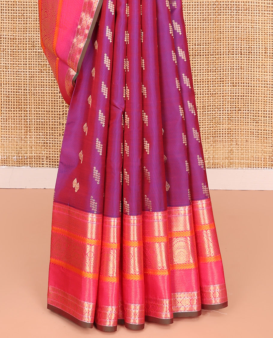 Purple Dual-Tone Vasundhara Lite Silk Mix Saree, Finely Crafted with Zari Buttas All Over Its Body, Complemented by Contrast Border of Rekku, Rudraksham, Muthu, Mayil kann,  Kathir, Jada Nagam Designs, Grand Pallu and Paired with a Contrast Blouse