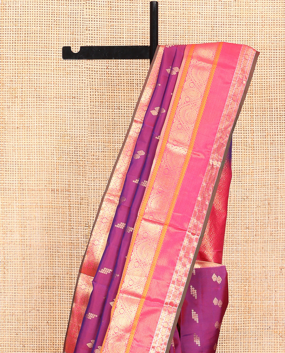 Purple Dual-Tone Vasundhara Lite Silk Mix Saree, Finely Crafted with Zari Buttas All Over Its Body, Complemented by Contrast Border of Rekku, Rudraksham, Muthu, Mayil kann,  Kathir, Jada Nagam Designs, Grand Pallu and Paired with a Contrast Blouse