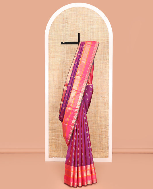 Purple Dual-Tone Vasundhara Lite Silk Mix Saree, Finely Crafted with Zari Buttas All Over Its Body, Complemented by Contrast Border of Rekku, Rudraksham, Muthu, Mayil kann,  Kathir, Jada Nagam Designs, Grand Pallu and Paired with a Contrast Blouse