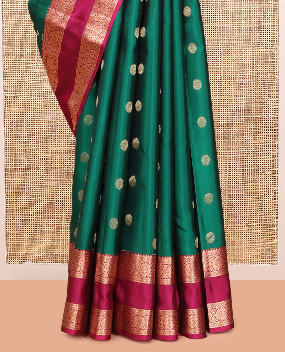 Yellow Vasundhara Lite Silk Mix Saree, Embellished with Chakram Buttas, a Contrast Rettai Pettu Border of Rekku, Neli, and Chakram Designs, Traditional Pallu, and a Contrast Blouse