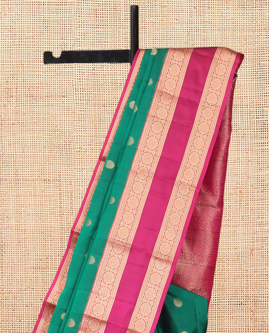 Yellow Vasundhara Lite Silk Mix Saree, Embellished with Chakram Buttas, a Contrast Rettai Pettu Border of Rekku, Neli, and Chakram Designs, Traditional Pallu, and a Contrast Blouse