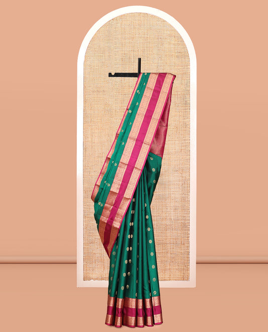 Yellow Vasundhara Lite Silk Mix Saree, Embellished with Chakram Buttas, a Contrast Rettai Pettu Border of Rekku, Neli, and Chakram Designs, Traditional Pallu, and a Contrast Blouse