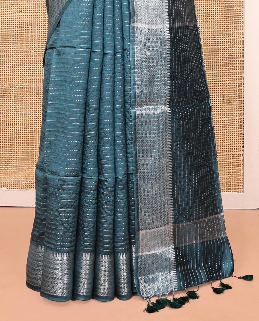 Blue Banana Pith Saree, Detailed with Zari Stripes All Over Its Body, Highlighted by Temple Border of Jaal Designs, Subtly Striped Pallu, and Paired with a Matching Blouse