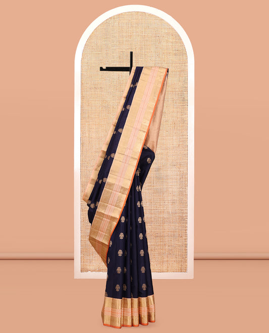 Blue Vasundhara Silk Saree, Woven with Iruthalai Pakshi Buttas, a Contrast Border of Yaali Designs, a Subtly Sparkled Jaal Pallu, and a Contrast Blouse