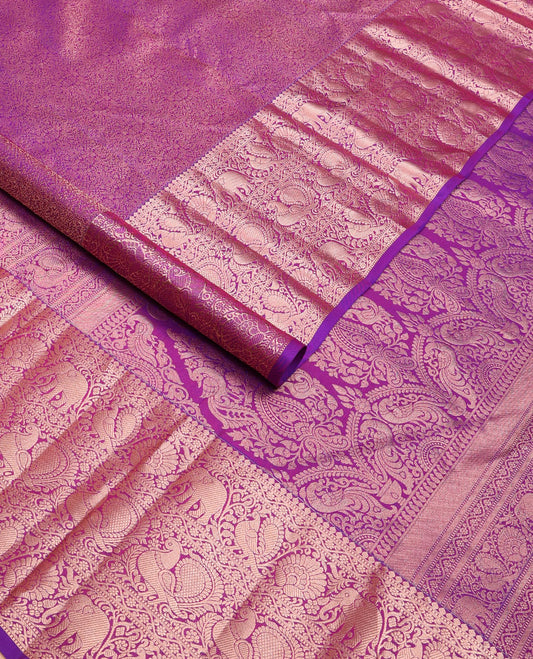 Purple jacquard wedding silk saree, zari border of thilakam mokku,muthu,kodi visiry,yaanai & mayil designs & intricate pallu