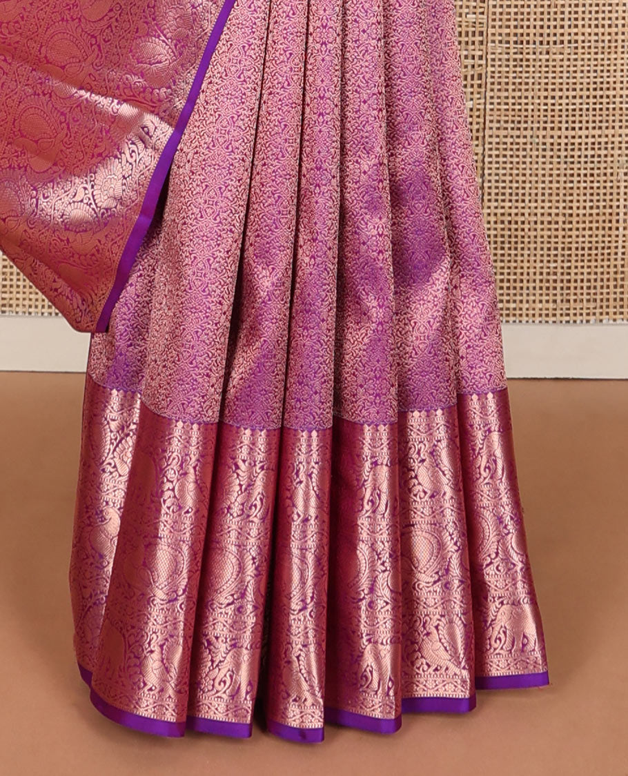 Purple jacquard wedding silk saree, zari border of thilakam mokku,muthu,kodi visiry,yaanai & mayil designs & intricate pallu