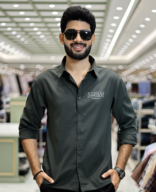 Green Poly-Blended Back Flap Casual Shirt