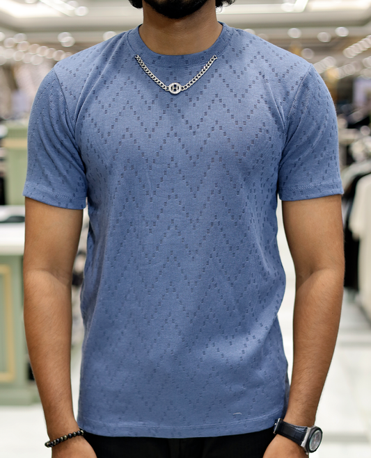 Blue Chevron Cotton-Blended T-Shirt