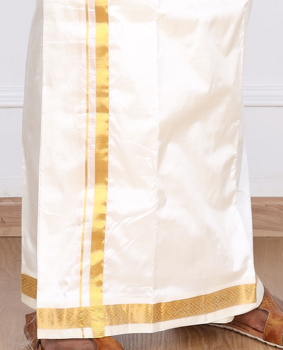 Cream diamond zari border pure silk kancheepuram wedding double-layer dhoti