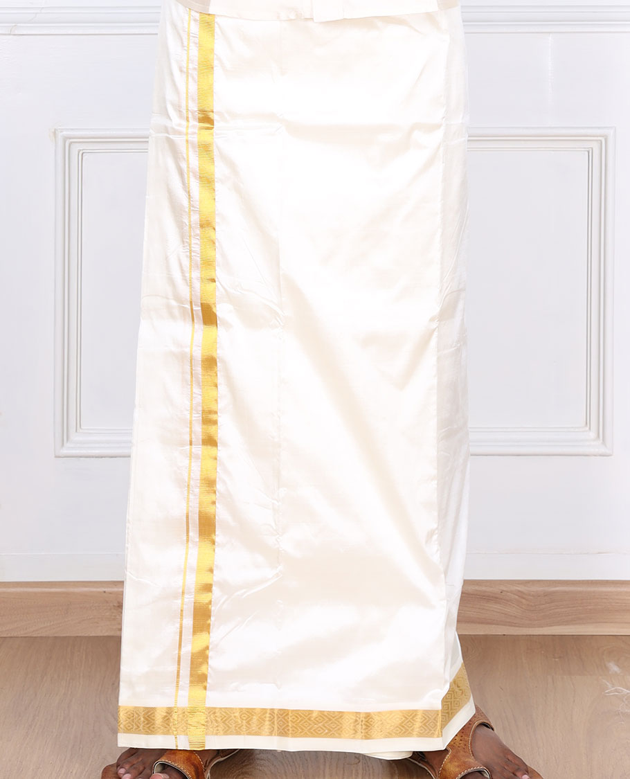 Cream diamond zari border pure silk kancheepuram wedding double-layer dhoti
