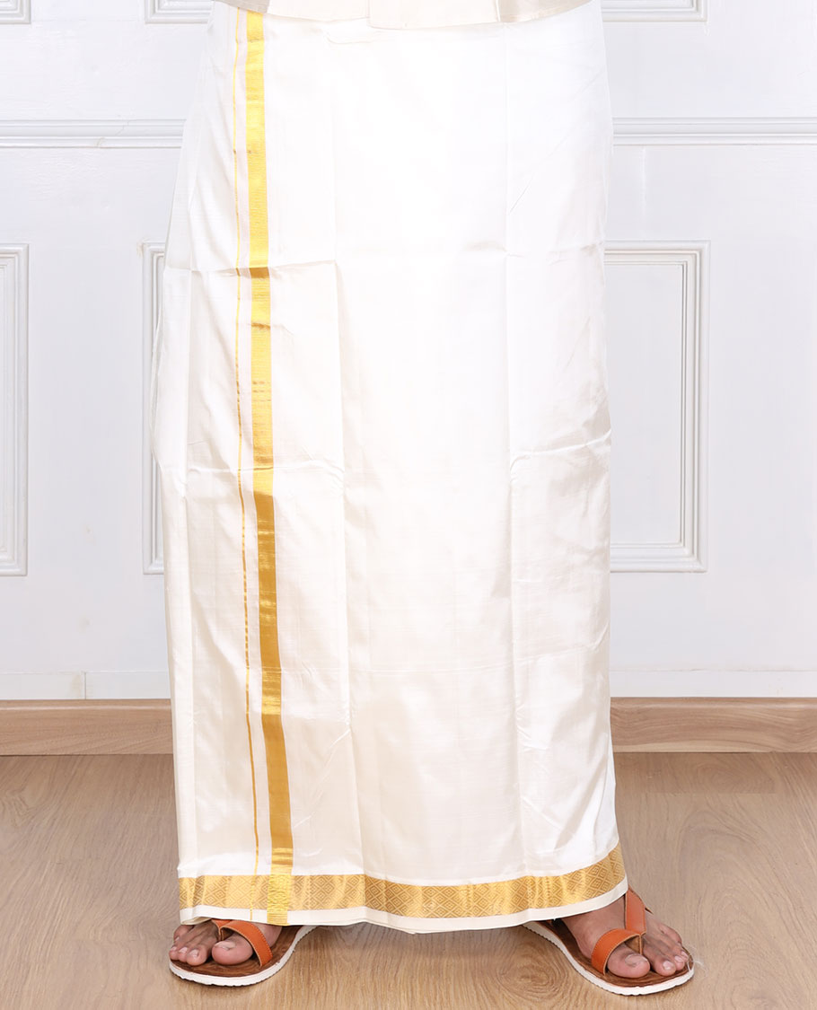 Cream diamond design zari border pure silk kancheepuram wedding double-layer dhoti