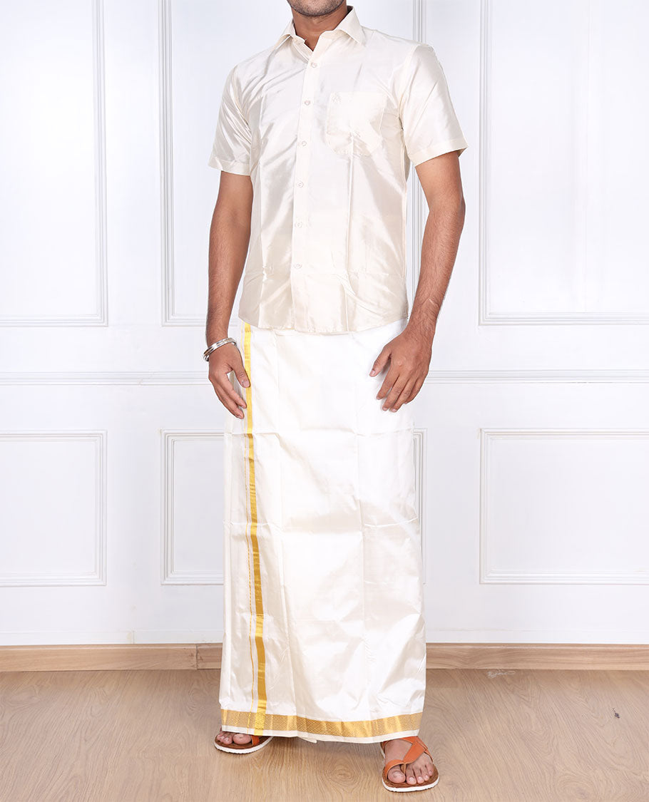Cream diamond design zari border pure silk kancheepuram wedding double-layer dhoti
